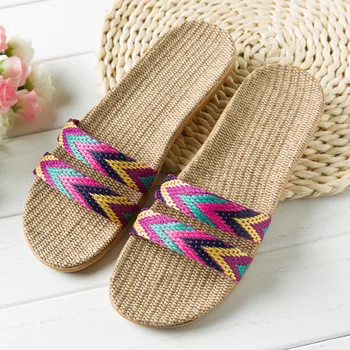 

Summer Belt Anti-slip Linen Slippers Chain Slides Flax Home Slippers Beach Female Open Toe Flat Shoes Indoor Home @C28