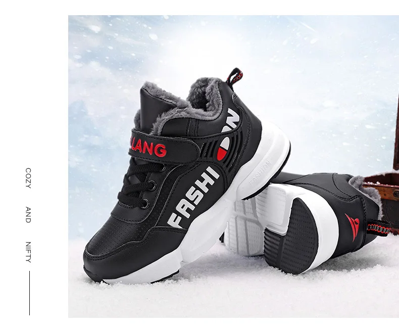 Зимняя детская обувь из искусственной кожи, спортивная обувь для мальчиков с мехом, водонепроницаемая Уличная обувь для мальчиков, детская обувь, теплые детские кроссовки