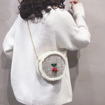 

New Style WOMEN'S Bag Fashion Woolen Cloth Small round Bag Cute Cherry Maomao Bag Shoulder Chain Bag
