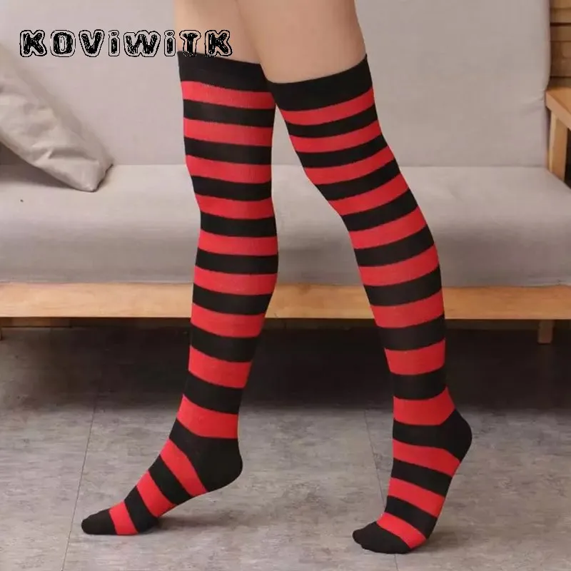 Black red Радужные чулки до колена для женщин s Sox сексуальные длинные чулки до бедра в полоску размера плюс красные \ черные компрессионные зимние женские чулки для девочек - Цвет: Black red