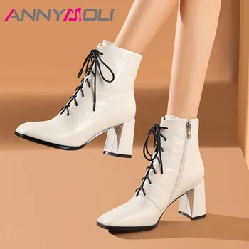 

ANNYMOLI Genuine Leather High Heel Short Boots Women Shoes Square Toe Cross Tied Zip Block Heels Ankle Boots Autumn Winter 33-40