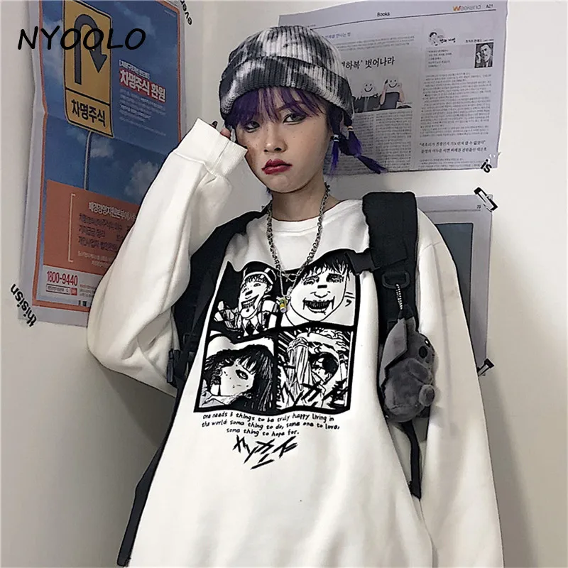 NYOOLO Harajuku уличная толстовка с капюшоном и буквенным принтом в виде комиксов ужасов, осенне-зимние пуловеры с круглым вырезом, толстая теплая толстовка для женщин и мужчин, топы