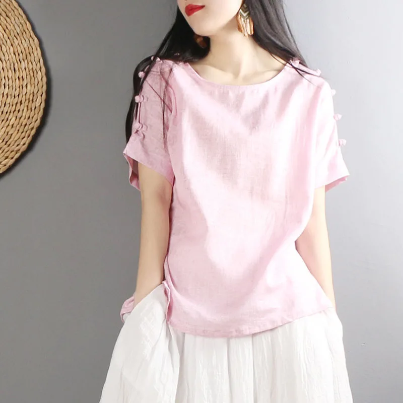 Chinese Style Cotton Linen Tops Casual Tshirt Retro Button Short Sleeve Summer National Loose Solid Color Loose T-Shirt Blue