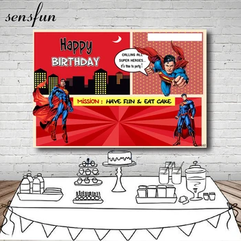 

Sensfun Custom Red Comics Superman Boys Birthday Party Backgrounds Building Poster Portrait Photo Backdrops For Photo Studio