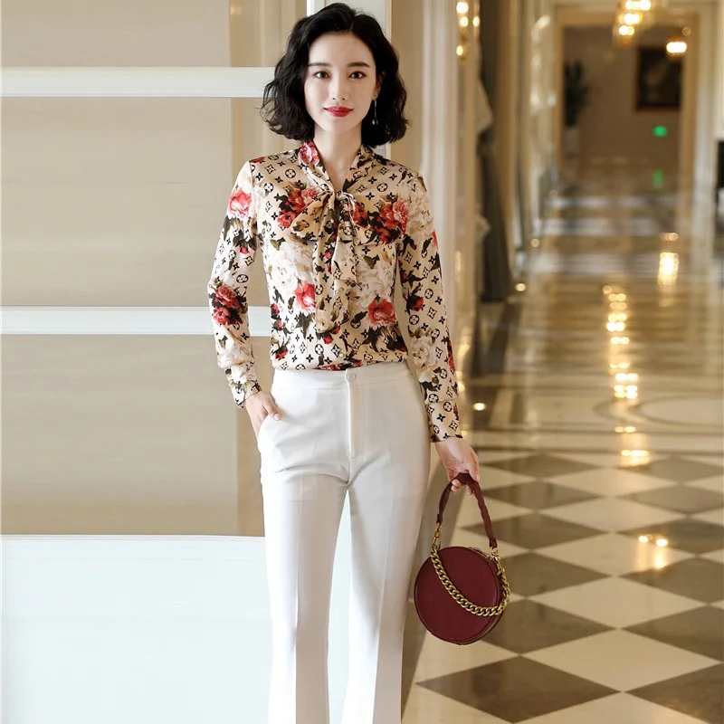 

Fashion Pantsuits Women Flower Print Blouses & Shirts Long Sleeve Work Wear Office Ladies 2 Piece Pant and Top Sets