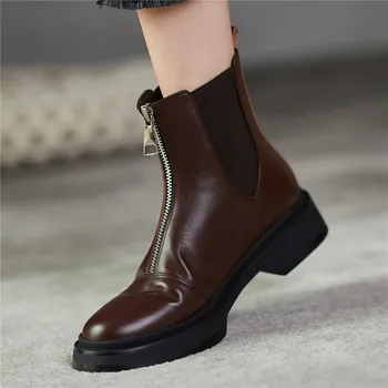 

New Fashion All-match Flat-bottomed Chelsea Boots Round Toe Zipper Ankle Boots Handmade Leather Women's Boots 2020 Autumn Winter