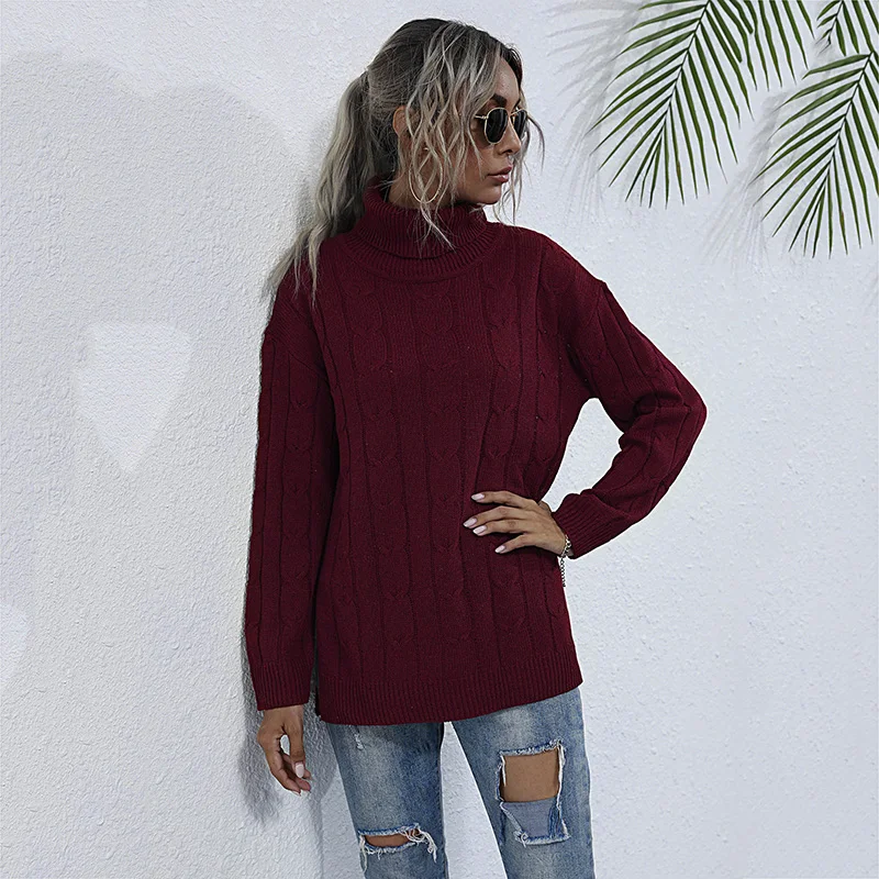 

Autumn Winter Wine Red Twist Knitted Sweater Women Pullover 2020 Long Sleeve Turtleneck Sweaters Side Split Jumper