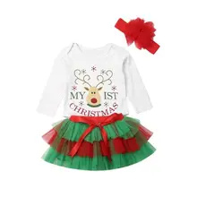 Рождественские комплекты одежды для маленьких девочек от 0 до 24 месяцев комбинезон с принтом фатиновая юбка-пачка повязка на голову одежда на Рождество