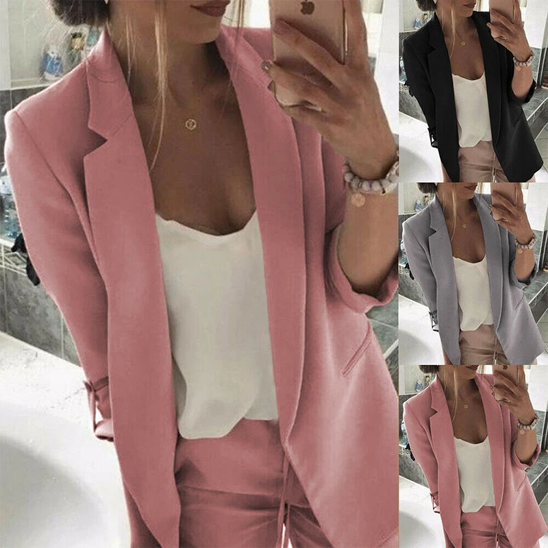 New Womens Elegant Blazer Women Long Sleeve Blazer Plus Size Suit Coat Black Gray Pink Ladies Office Work Business Outwear