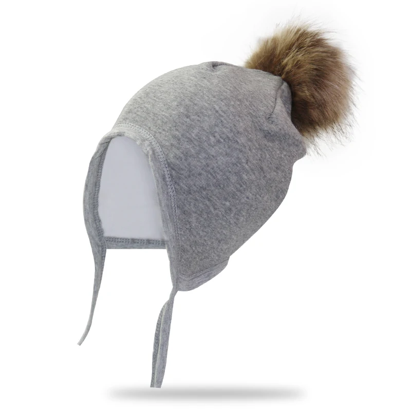 Хлопковые шапочки для детей, защитная шапка для маленьких девочек, зимняя шапка для мальчиков, детская шапка с помпоном, Детские аксессуары - Цвет: grey