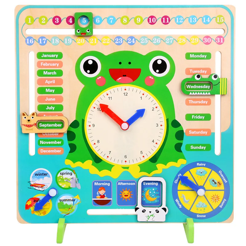 

Wooden Multi-functional with Numbers Clock Calendar Alarm Clock Cognitive Learning Early Childhood Educational English ENLIGHTEN