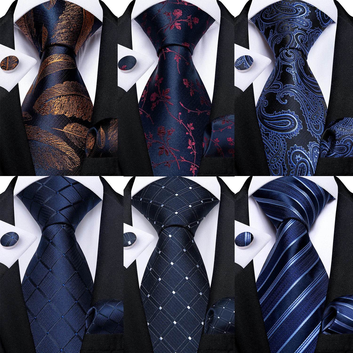 Classic Navy Blue Men's Tie Striped Paisley Floral Necktie Pocket Square Cufflinks Business Tie Set Cravat Gift For Men DiBanGu