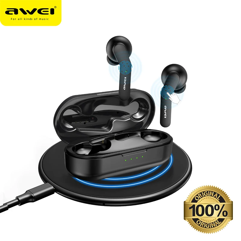 Pаспродажа AWEI TWS Bluetooth V5.0 настоящие беспроводные наушники для зарядки с двойным микрофоном шумоподавление HiFi 6D бас игровая гарнитура сенсорное управле...