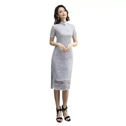 Женское кружевное вышитое платье-чанпао в китайском стиле, элегантное вечернее облегающее платье, искусственный шелк, короткий рукав, для
