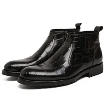 Designer Genuine Leather Chelsea Boots Men Fashion Crocodile Pattern Casual Zipper Ankle Boots Round Toe Dress Shoes