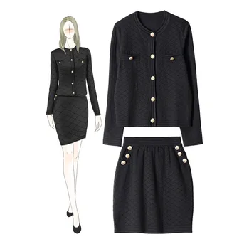 

suit spring and autumn temperament fashion celebrity style solid color knitting diamond cardigan bag skirt set 992408