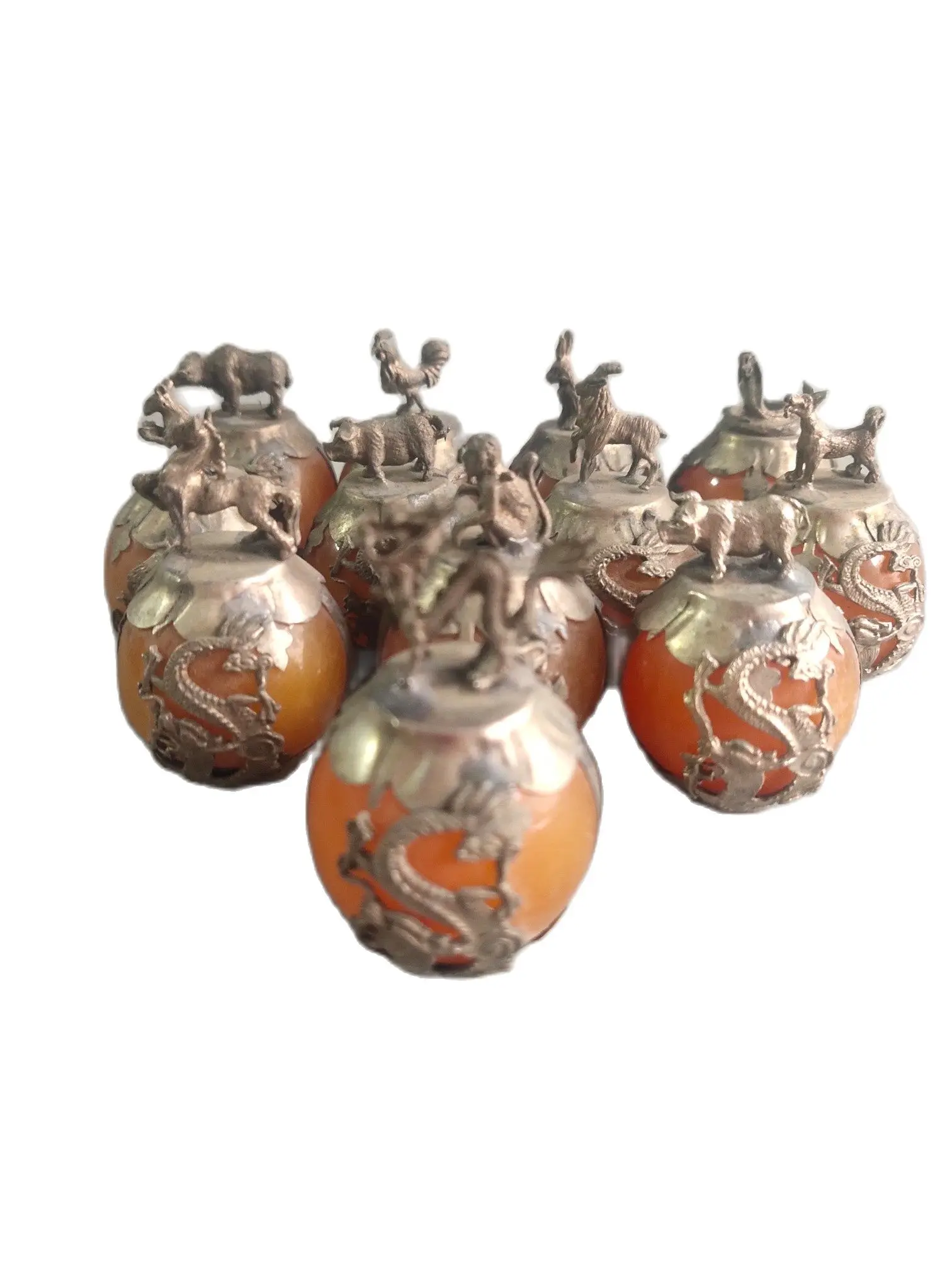 

Eastern Countries Antique Art High Quality Chinese Old Tibet Silver 12 Animals Small Yellow Jade Statue ,12 Piece/Lot