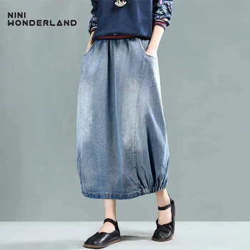 

NINI WONDERLAND Spring Cotton Denim Vintage Skirts For Women 2020 Jeans A-line Skirt Female Autumn Loose Midi Skirt Big Size