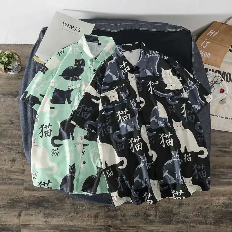 Men Hawaiian Shirt Summer Mens Hawaiian Shirt 3D animal black cat Printed Short lapel Sleeve Big Size Hawaii Men Beach Floral Shirts
