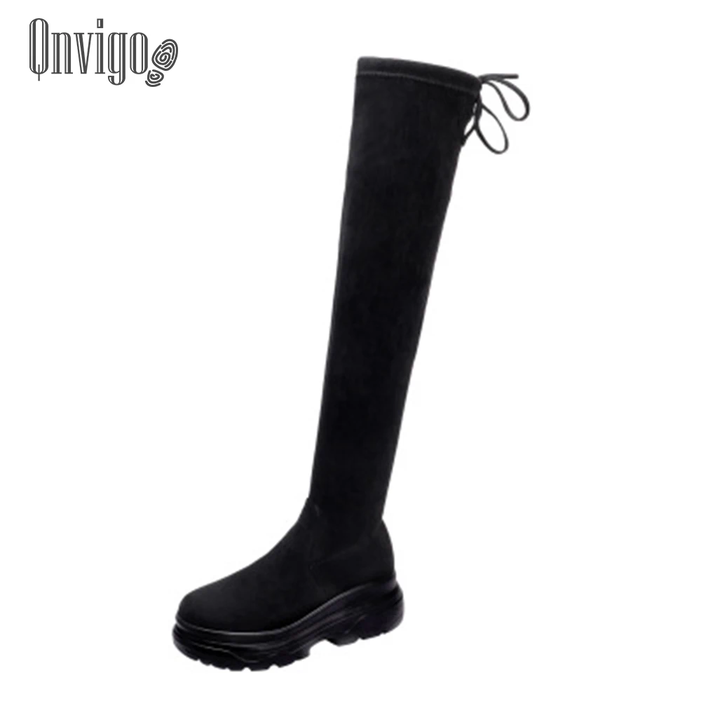 

Qnvigo Over The Knee Boots Stretch Fabrics Height Increasing Round Toe Platform High Heel 35-44 Size Women High Bootstights 2020