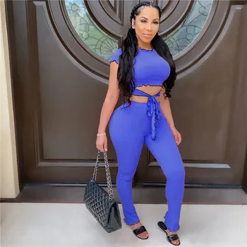 

Women Ladies Autumn Clothes Set 2 Pieces Set Ruffles Lace-up Short Sleeve T-shirt Crop Tops High Waist Long Pants Trousers Suits