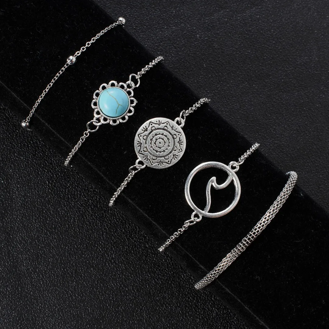 Ретро браслеты из натурального камня, полые бусы волна, Набор браслетов, Круглый геометрический резной браслет, женские модные массивные ювелирные изделия