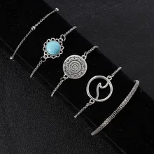 Ретро браслеты из натурального камня, полые бусы волна, Набор браслетов, Круглый геометрический резной браслет, женские модные массивные ювелирные изделия