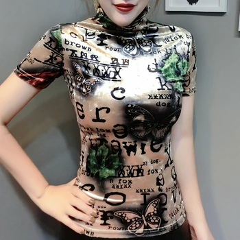 

2020 New Spring Summer European Clothes Pleuche Print Butterfly T-shirt Fashion Women Tops Ropa Mujer Bottoming Shirt Tee T02217