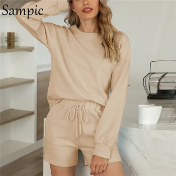 

Sampic Outfits Summer Winter Lounge Wear Women Set Long Sleeve Black Olive Green Khaki Shirt Tops And Loose Shorts Two Piece Set
