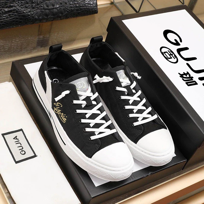 Italian design Gujia casual fashion generous men's shoes official latest brand element top layer cow leather splicing canvas