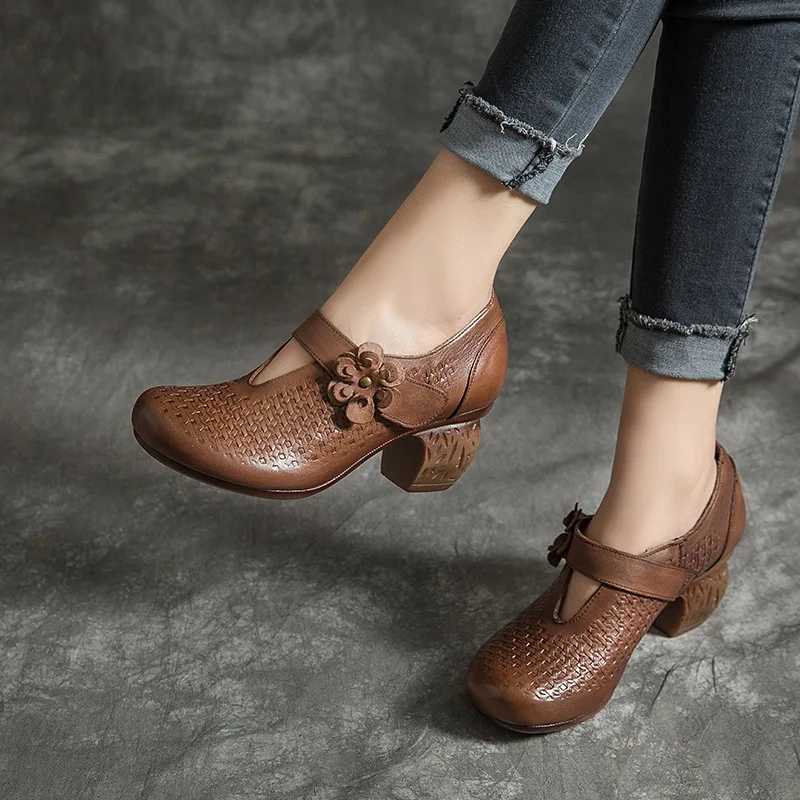 

[] 2019 Autumn New Style Ethnic-Style Retro Genuine Leather Soft-Sole Chunky-Heel Shoes Semi-high Heeled Handmade WOMEN'S Shoes