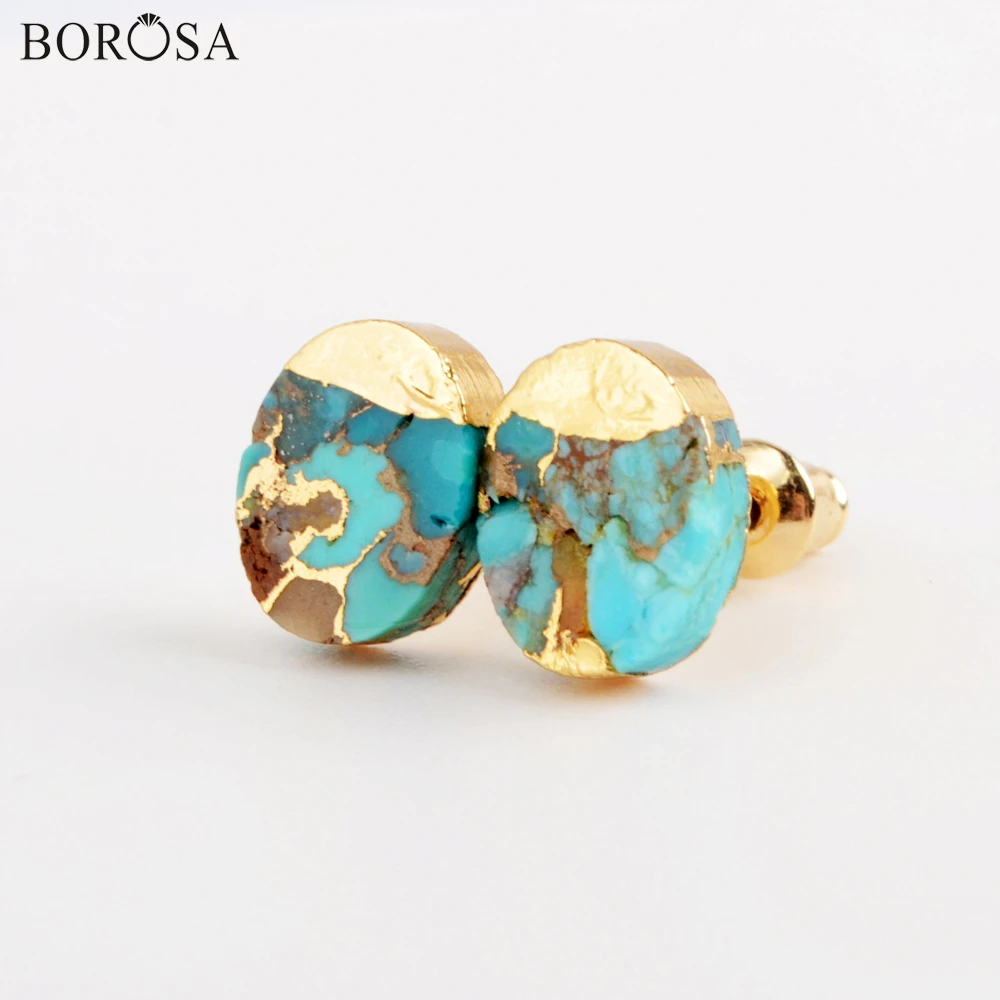 

BOROSA Gold Natural Stone Boho Earrings Fashion Oval Turquoises Blue Stone Stud Earrings for Women Party Jewelry Gifts G1982
