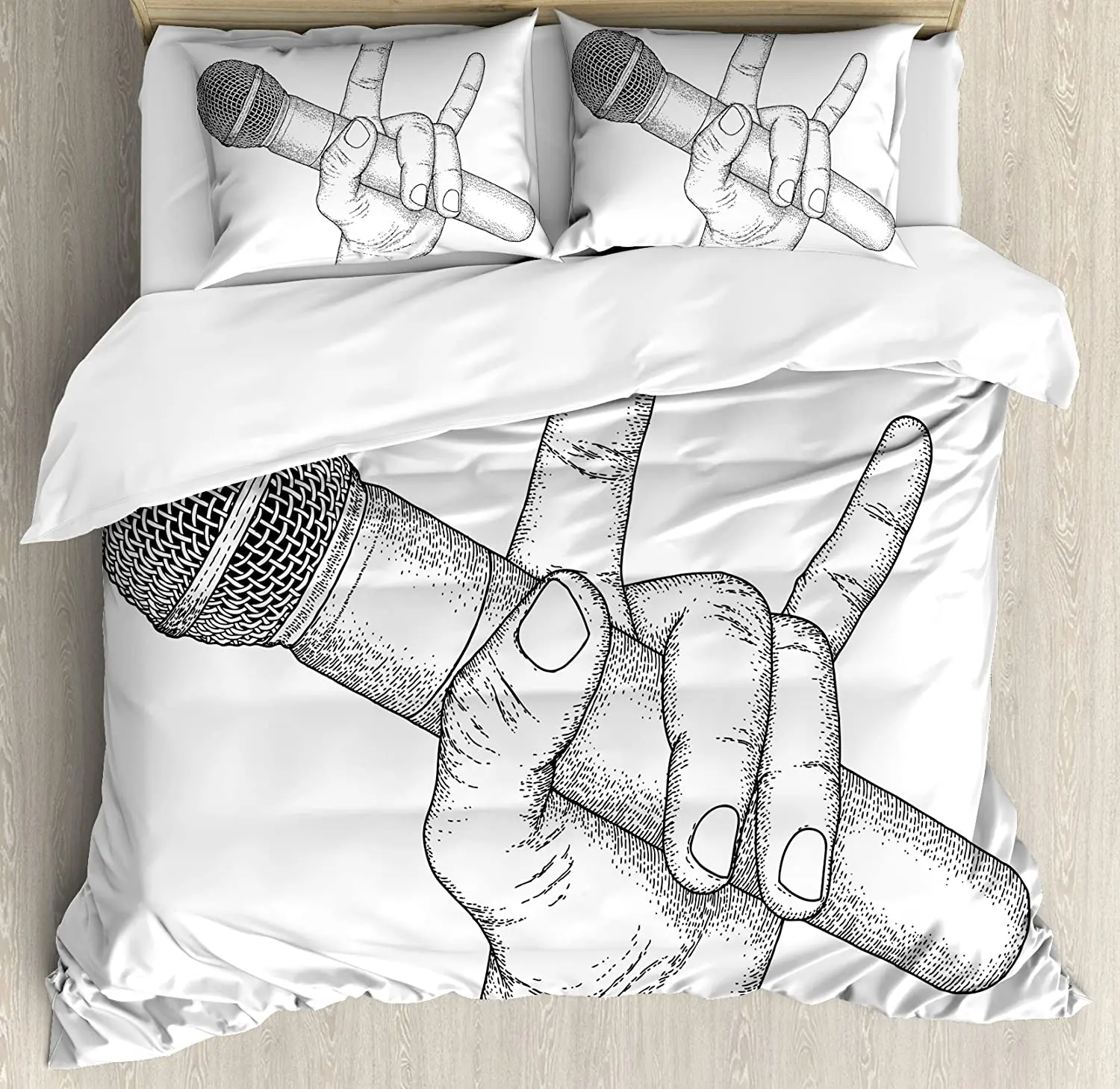 Popstar Party Duvet Cover Set Hand Drawn High Sign for Rock Music Lovers and Microphone Sketch Art Bedding Black White | Дом и сад