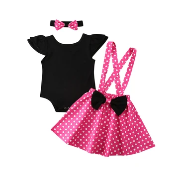 

2020 Toddler Baby Girl Mickey Costume Summer Clothes Sleeveless Tops Bodysuit Strap Dots Dress Hairband Outfits 3Pcs Set 1-4Y