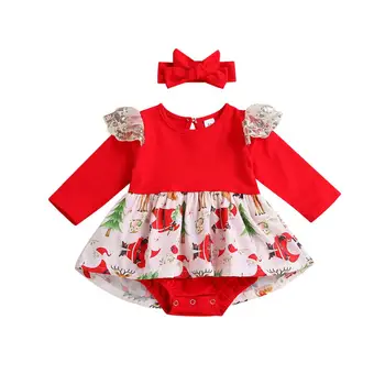 

Newborn Baby Girl Clothing Christmas Romper Jumpsuit Long Sleeve Ruffles Headband Cute Outfits Clothes Baby Girls