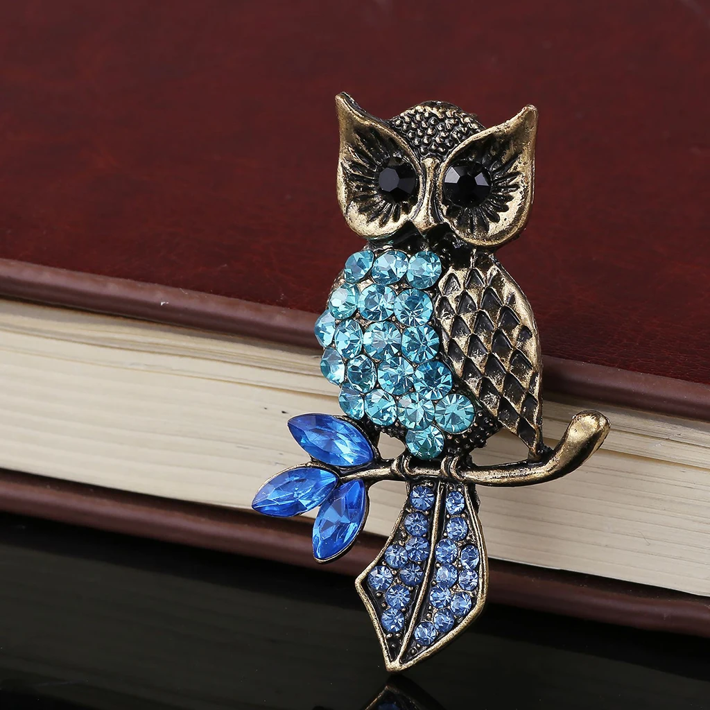 Blue Rhinestone Horned Owl Bird Brooch Pin Wedding Party Jewelry Brooch