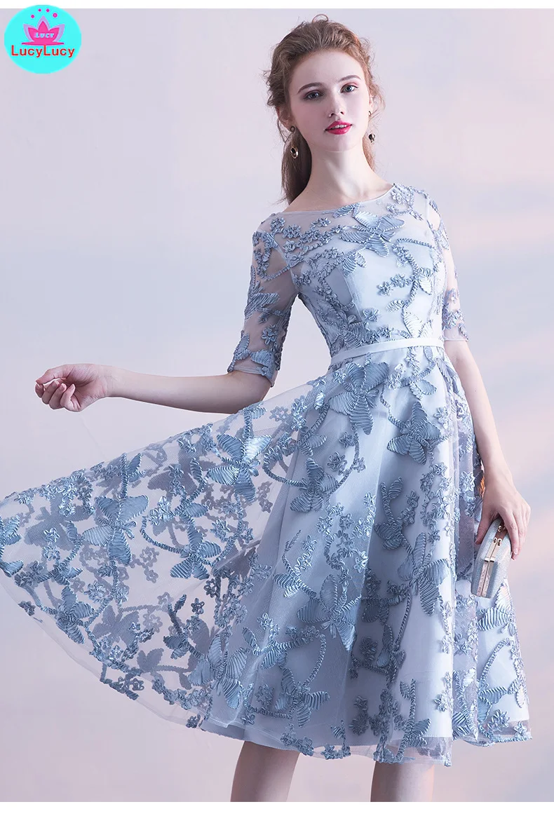 Blue-gray new summer party in the long banquet hosted slim dress Regular Zippers Lace Sheath Lace
