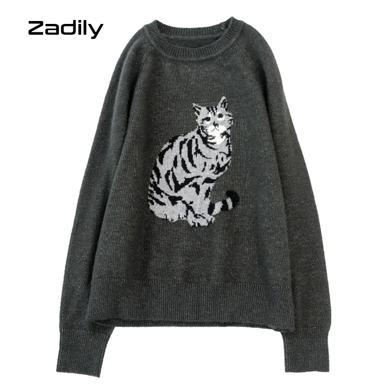 

Casual Cat Embroidery Women's Warm Sweater Korean Style Long Sleeve Knit Ladies Pullover 2022 Winter Chic Female Clothing Tops