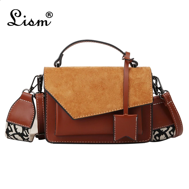 

Women's bag brand luxury ladies handbag 2019 new fashion suede shoulder Messenger bag splicing bag wide shoulder strap