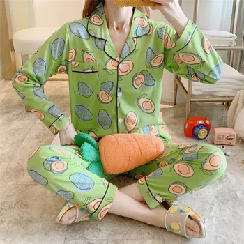 

Autumn Couple Pajamas Set of Avocado Winter Warm Long Sleeve Soft Women Sleepwear Leisure lapel Satin Men's Nightwear
