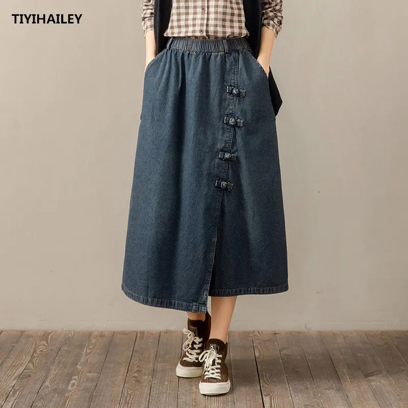 TIYIHAILEY Free Shipping Vintage Long Mid-calf A-line Women Elastic Waist Spring And Autumn Denim Skirt 2020 Blue Chinese Style shorts frayed hem ripped hole pocket denim shorts deep blue in blue size l m xl