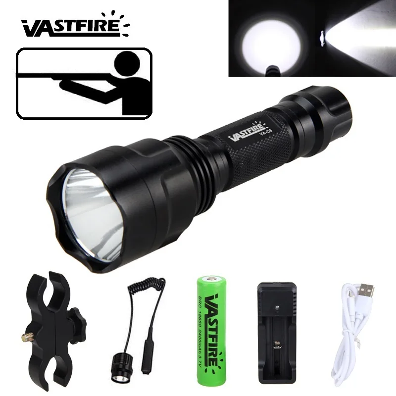

C8 1000 Lumen Night Hunting Flashlight for Gun Linterna LED Torch Light T6 Tactical Flash Light Lamp Use 18650 Charger Gun Mount