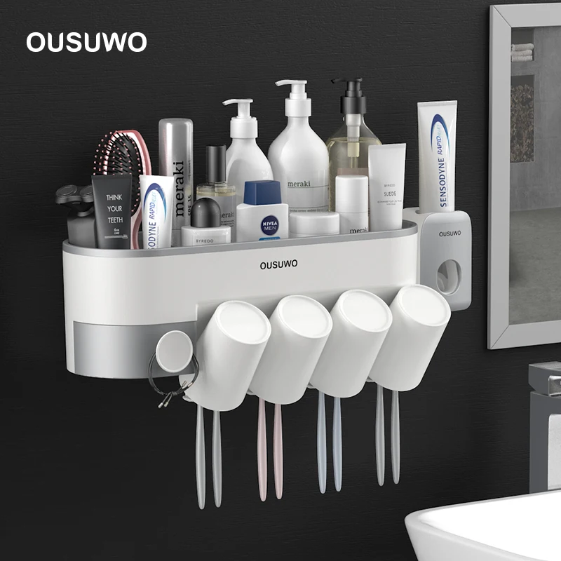 

Wall Mount Toothbrush Holder Automatic Toothpaste Dispenser Squeezer Bathroom Accessories Storage Rack Set with 2 34 Cups