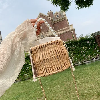 

New 2020 Spring Summer Straw Bag Seaside Holiday Pearl Handle Bucket Bag Candy Color Shoulder Bag Crossbody Rattan Bag