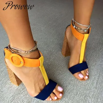 

Prowow Hot Sale Gladiator Rome Open Toe T Strap Sandals Wooden Chunky Heel HIgh Heel Sandals Shoes Women