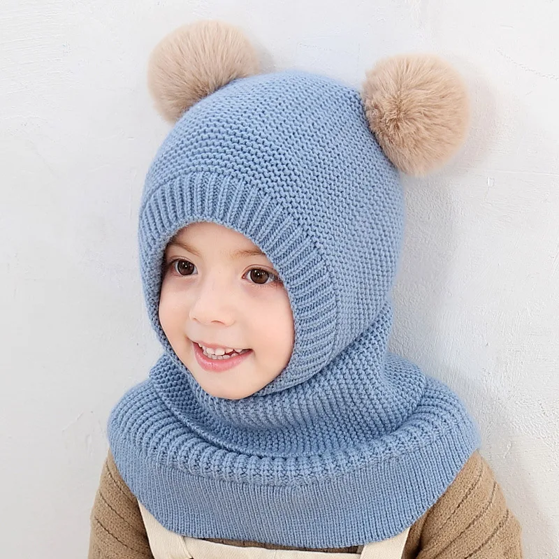 Детская шапка, вязаная крючком шапка с двойным помпоном, шарф, цельные зимние шапки для девочек, теплая ветрозащитная детская шапка - Цвет: Синий