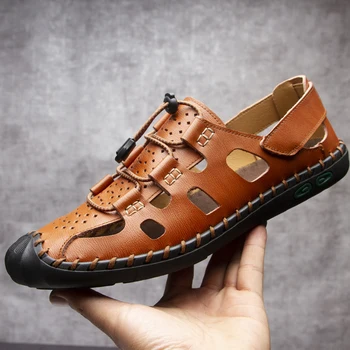 

Yomior New Brand Men Casual Shoes Genuine Leather Vintage Flats Loafers Summer Breathable Beach Sandals Mens Shoes Black Brown