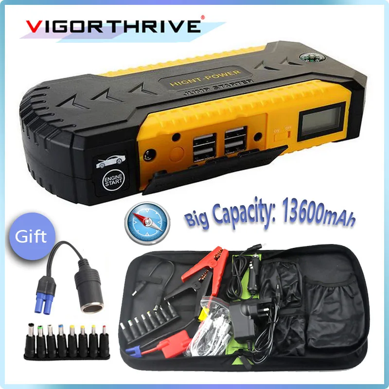 

Compass Car Jump starter Portable Multi-function 4 USB Emergency Power Supply For Petrol Cellphone 12V 3 LED light With Adapter