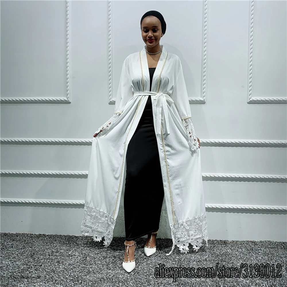 white cardigan Женская белая абайя кимоно Кафтан Дубай мусульманское платье кардиган Рамадан Исламская одежда халат Musulmane Femme Турция Arabes Mujer - Цвет: white cardigan