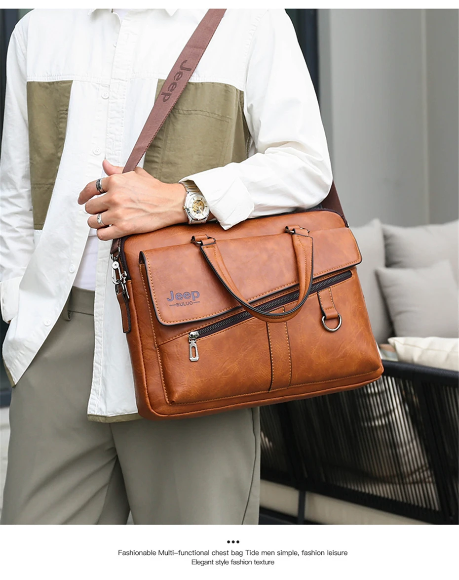 JEEP BULUO Men Briefcase Split Leather Laptop New Bag 14" PC Doctor Lawyer Computer Bag Totes Male Vintage Business Men Bags